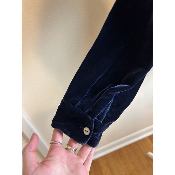 Boston Proper L Silk Velvet Button Up Shirt Top Blouse Blue Long Sleeve - Picture 3 of 4
